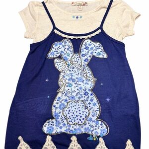 Girls Easter Dress Custom Design Blue Bunny Unique Upcycled OOAK Embellished 1/1